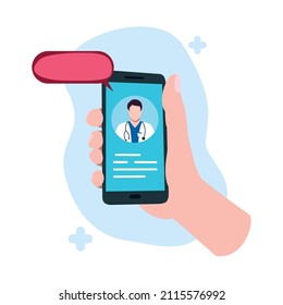 mobile Anwendung für die Kommunikation mit einem Arzt, Online-ärztliche Beratung, Handheld, Telefon, On-Screen-Chat mit einem medizinischen Mitarbeiter, flaches, isoliertes Vektordesign