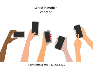 Mobile application concept, hands holding a phones. Vector illustration. 