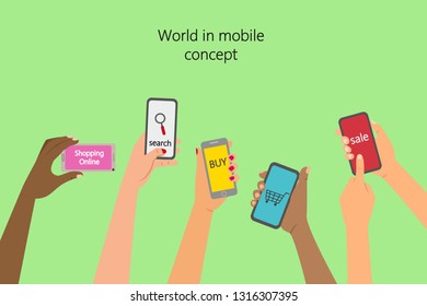 Mobile application concept, hands holding a phones. Vector illustration. 

