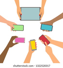 Mobile application concept, hands holding a phones. Vector illustration. 

