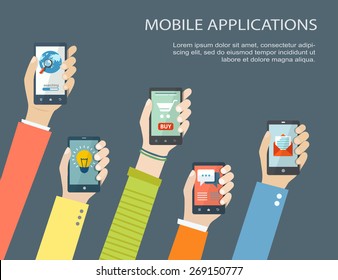 Mobile application concept. Hands holding phones. Eps10