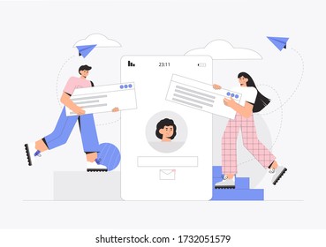 Mobile application concept for online communication, chat, conference. Man and woman standing at big mobile phone and holding a dialogue window. Virtual relationship, acquaintance in social networks.