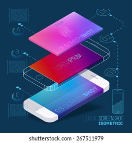 Mobile Application Concept Of Phone With Color Screenshot Description And Flat Wireframes.Vector Illustration.