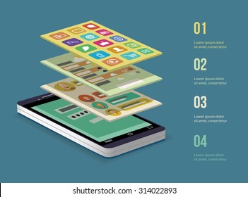 Concepto de aplicación móvil. Teléfono inteligente. Ilustración vectorial.