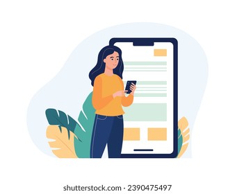 Mobile application concept with a woman using mobile phone and a big smart phone standing next to her