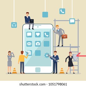Mobile application creation team. Group of business people working around giant smartphone. Flat design vector illustration
