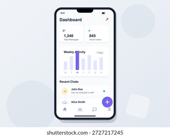 Un panel de aplicaciones móviles muestra estadísticas de usuarios, incluidos los mensajes totales, los usuarios activos y la actividad semanal. Los contactos de chat recientes se enumeran debajo de los datos principales.