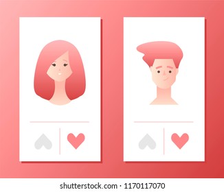 Mobile application for dating or searching romantic partner on internet. Templates concept vector illustration flat design