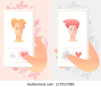 Mobile application for dating or searching romantic partner on internet. Templates concept vector illustration flat design. Finger tap like and dislike