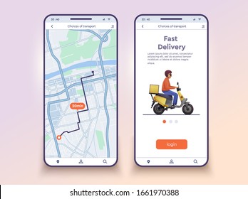 Mobile application for delivery. character riding a scooter. navigation map. Online motorcycle transportation with smartphone app.