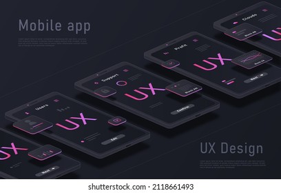 Mobile application design abstract concept. Smartphones with tools, digital technologies and user interface. Software and user experience. Cartoon isometric vector illustration for landing page