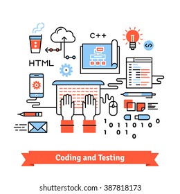 Mobile application design, development and coding process concept. Thin line art flat illustration with icons.