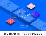 Mobile application design. Mobile phone mockup with a set of tools for creating a user interface. Layered illustration with mobile phones and mobile application parts. Isometric style