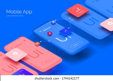 Mobile application design. Mobile phone mockup with a set of tools for creating a user interface. Layered illustration with mobile phones and mobile application parts. Isometric style