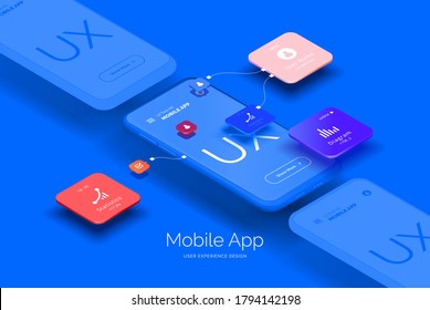 Mobile application design  Mobile phone mockup and set tools for creating user interface  Layered illustration and mobile phones   mobile application parts  Isometric style