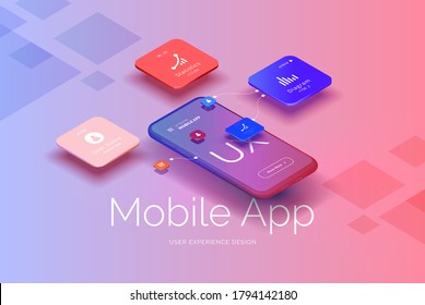 Mobile application design. Smartphone mockup with statistics, charts, user profile, icons. User interface, user experience. Mobile interface technologies. Vector illustration isometric style.