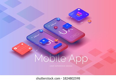 Mobile application design. Smartphone mockup with active blocks and connections. Creation of the user interface. Modern vector illustration isometric style