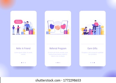 Mobile application design template set for Refer a Friend, Referral Program and Earn Gifts. UI onboarding screens design concept. Modern vector illustrations for user interface