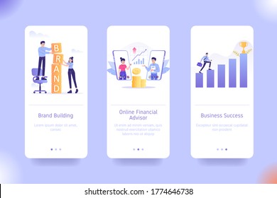 Mobile application design template set for Brand Building, Online Financial Advisor and Business Success. UI on boarding screens design concept. Modern vector illustrations for user interface