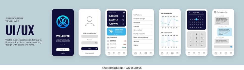 Plantilla de diseño de aplicaciones móviles. Elementos UX de la interfaz de usuario con el logotipo de color azul y fondo oscuro. Se puede usar para banca móvil o tiendas. Incluye formulario de inicio de sesión, pantalla principal, gráficos, chat y calendario.