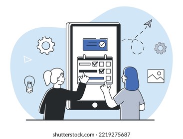 Diseño de aplicaciones móviles. Dos mujeres cerca de la pantalla del smartphone miran el calendario. UI y UX, interfaz para programas y software. Tecnologías modernas y mundo digital. Dibujo vectorial plano de dibujos animados