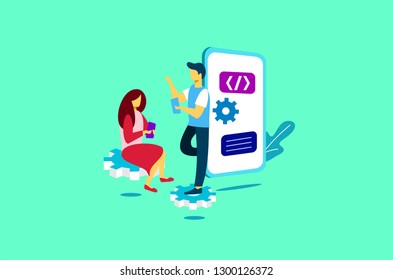 mobile application developer illustration vector, improvement in making mobile applications, for landing page,ui ux, infographic, website, presentation, banner, and print media