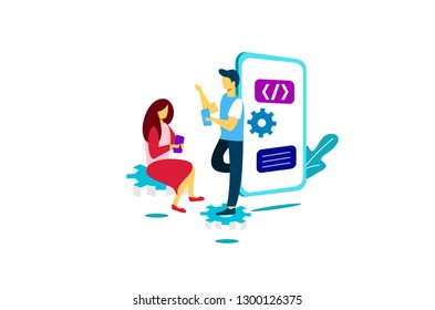 mobile application developer illustration vector, improvement in making mobile applications, for landing page,ui ux, infographic, website, presentation, banner, and print media