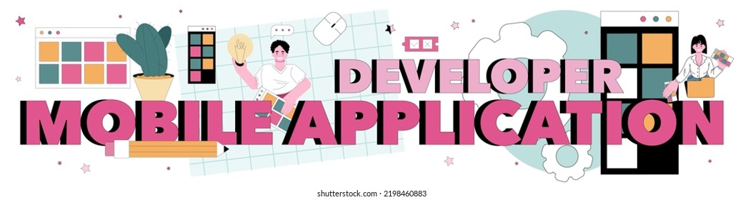 Mobile application developer typographic header. Smartphone app interface design for different platforms. IT specialist building a software for mobile devices. Vector flat illustration