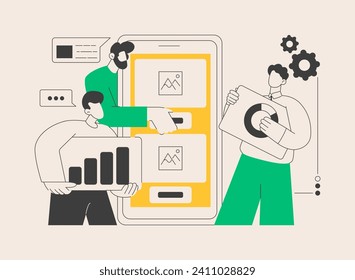 Ilustración vectorial de concepto abstracto de desarrollo de aplicaciones móviles. Plataforma de creación de aplicaciones para dispositivos móviles, desarrollo de software frontend, diseño de interfaz de usuario y UX, metáfora abstracta del mercado de smartphones.