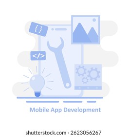 Mobile application development big data software engineering coding. Programming code information analysis smartphone application. illustration Mobile application development.