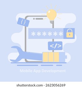 Codificação de engenharia de software de Big Data para desenvolvimento de aplicativos móveis. Programando análise de informação de código aplicativo de smartphone. ilustração Desenvolvimento de aplicativo móvel.