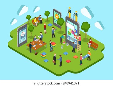 Mobile application development company concept flat 3d web isometric infographic vector. Process of different app creation, ui/ux design, projecting, scheduling, promotion. Creative people collection.