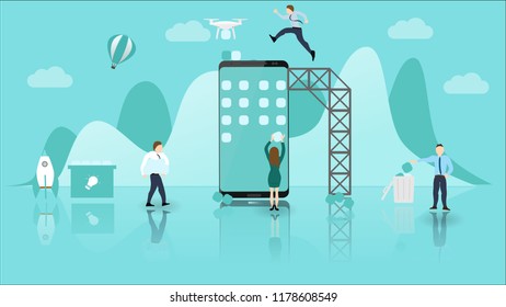 Mobile Application Development Concept with Big Phone and Little People. Experienced Teamwork and Collaboration. Usable for Website, Poster, Presentation Templates.