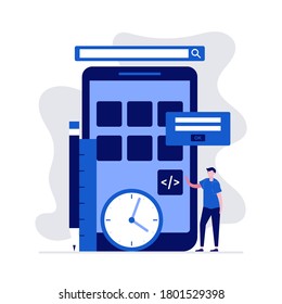 Mobile application development concept with characters. Program coding. Modern vector illustration in flat style for landing page, mobile app, web banner, infographics, template, poster, hero images.