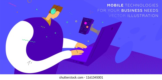 Mobile application development concept illustration with freelance programmer, laptop and mobile phone. Eps10 vector