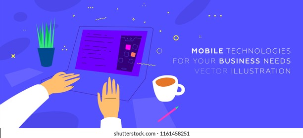 Mobile application development concept illustration with freelance programmer hands and laptop. Eps10 vector