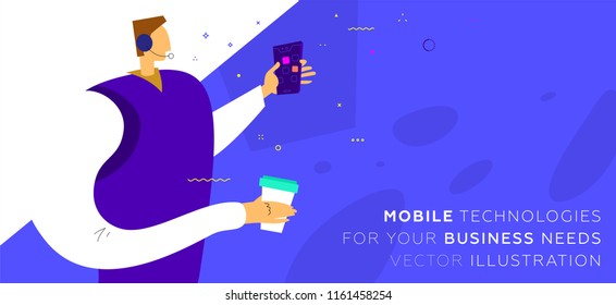 Mobile application development concept illustration with freelance programmer and mobile phone. Eps10 vector