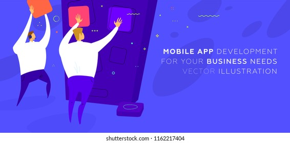 Mobile application development concept illustration with teamwork programmers and mobile phone. Eps10 vector