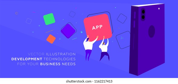 Mobile application development concept illustration with teamwork programmers and mobile phone. Eps10 