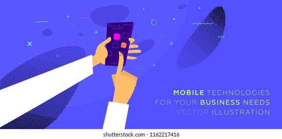 Mobile application development concept illustration with freelance programmer and mobile phone. Eps10 vector