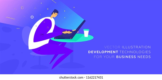 Mobile application development concept illustration with freelance programmer and laptop. Eps10 vector