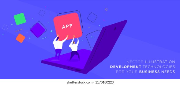 Mobile application development concept illustration with teamwork programmers and laptop. Eps10 