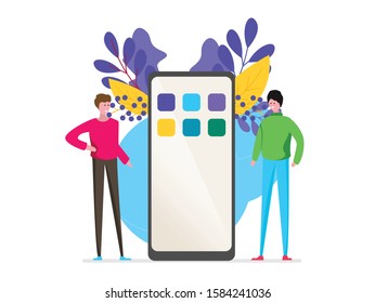 Mobile application development concept illustration with teamwork programmers and mobile phone