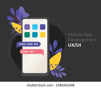 Mobile application development concept illustration with teamwork programmers and mobile phone