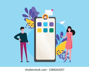 Mobile application development concept illustration with teamwork programmers and mobile phone