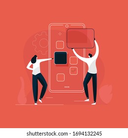 mobile application development Concept Illustration, designer and developer Using Big Screen With Site Building Tools.