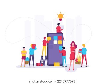 Mobile application development concept illustration with teamwork programmers and mobile phone
