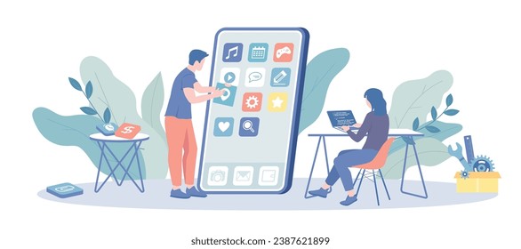 Mobile Application Development. Frontend software development, UI and UX design. Developers creates a custom design for a mobile app. Vector illustration with character situation for web.