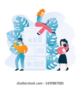 Mobile application development illustration. Teamwork. Three people working on a mobile application.