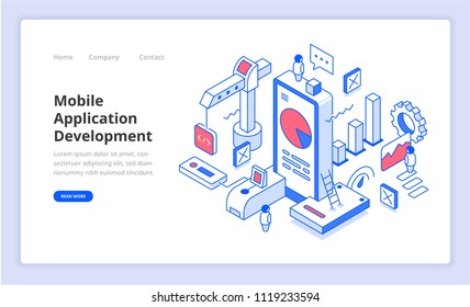 Mobile application development isometric composition. Concept of building mobile apps for web banner, hero image, landing page template